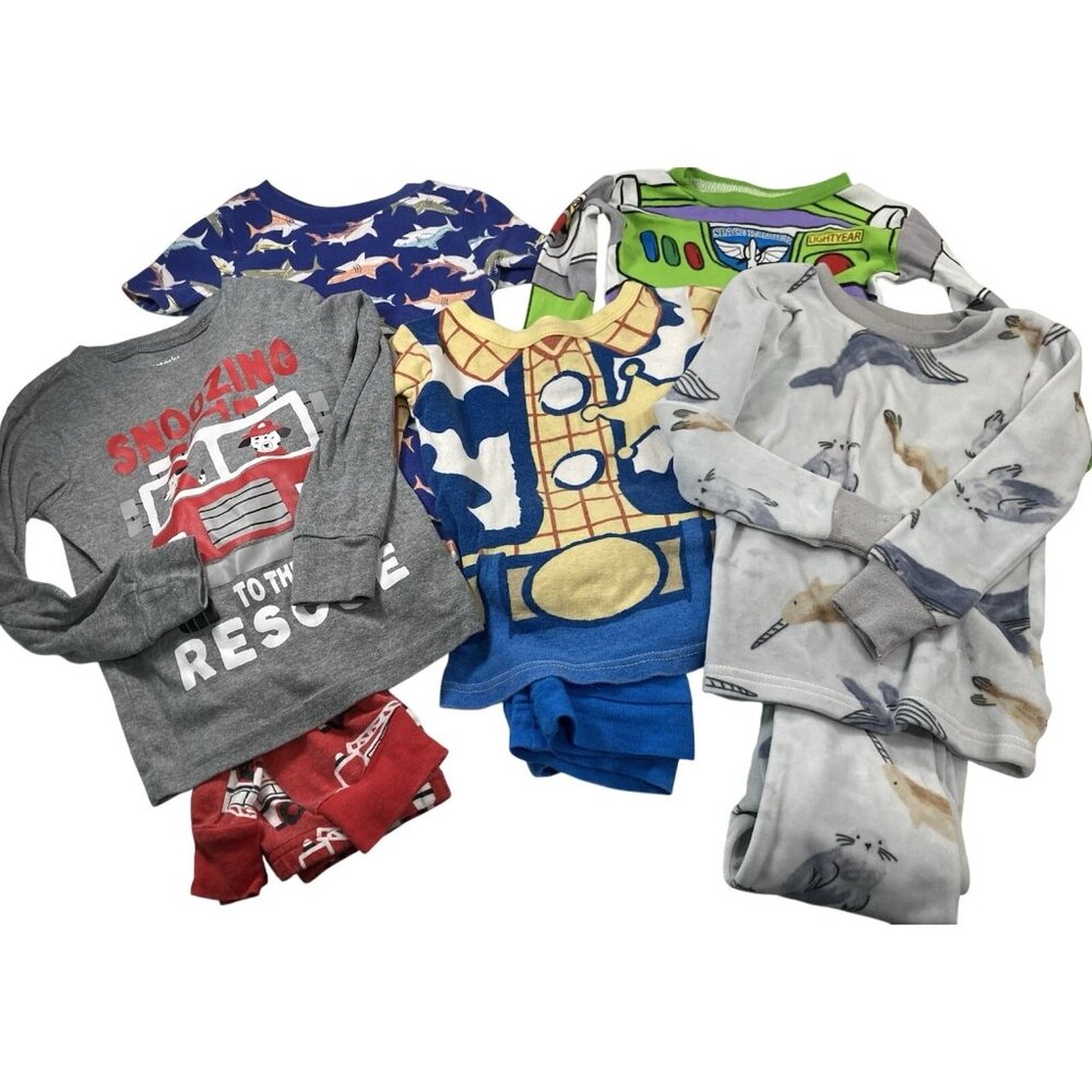 5 Little Boys Pajamas Lot size 3T Cotton Fleece PJs Toy Story Woody Buzz Trucks